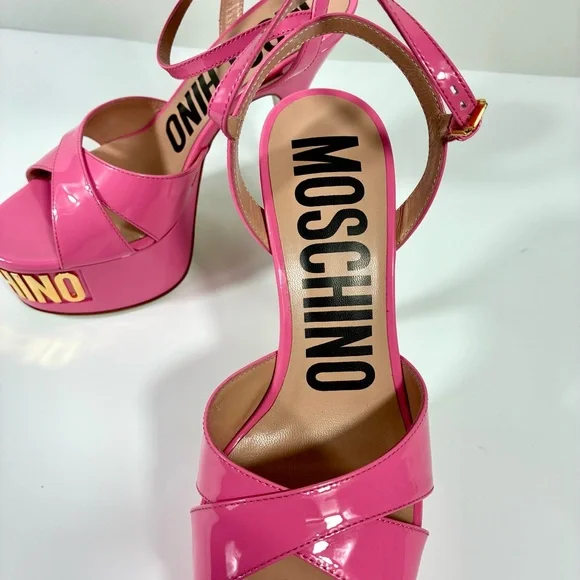 Moschino Logo Leather Platform Stiletto Sandals Heels Pink Gold NEW